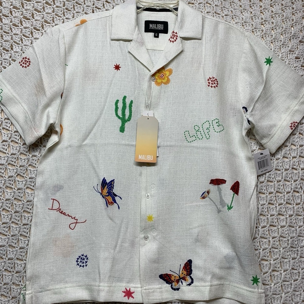 Malibu By Drill Clothing CO. Shirt Mens Small Ecru Button Up Lightweight Beach - Picture 2 of 11